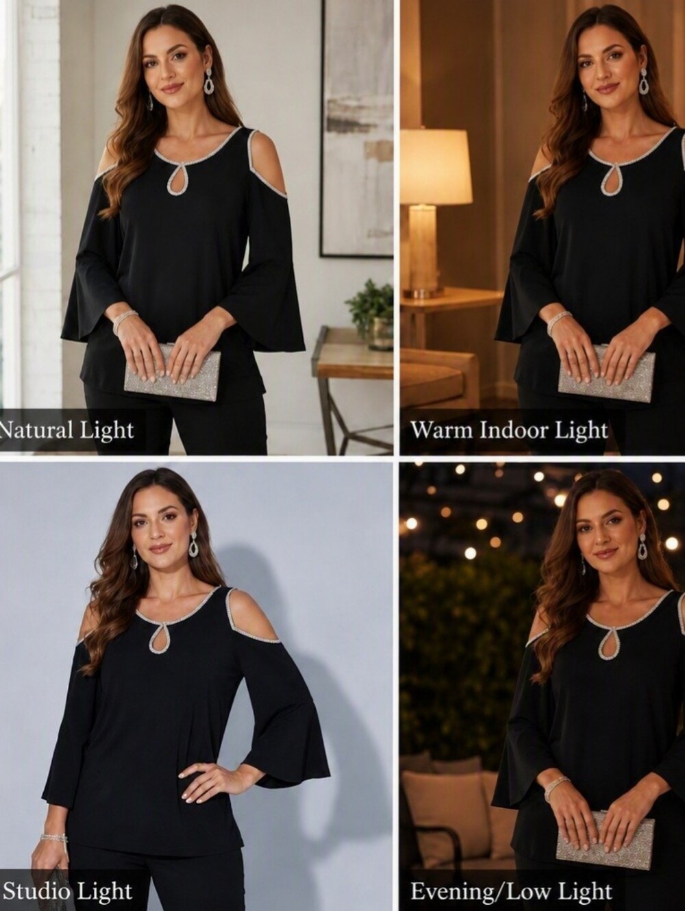 MSK Black Cold‑Shoulder Bell‑Sleeve Top w/Sparkly Silver Accent Trim – Size L